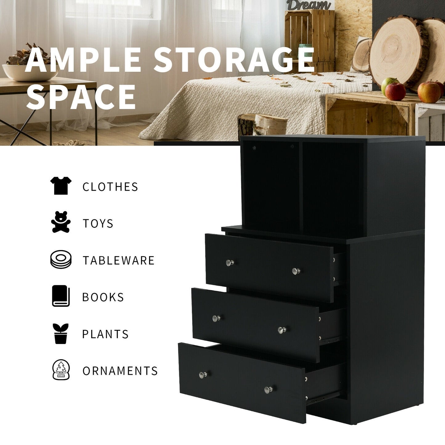 Modern 3 Drawer Storage Dresser with Open Cubbies for Bedroom or Living Room Black