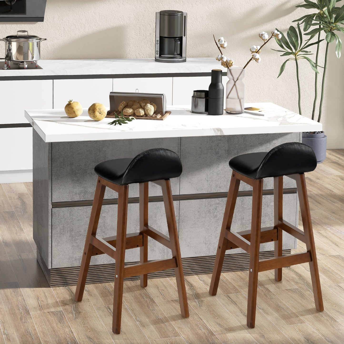 2 Pieces PU Leather Upholstered Bar Stools with Back Cushions and Solid Wood Legs, 27.5 Inch
