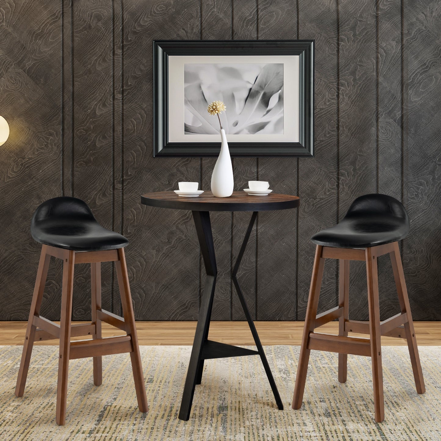 2 Pieces PU Leather Upholstered Bar Stools with Back Cushions and Solid Wood Legs, 27.5 Inch