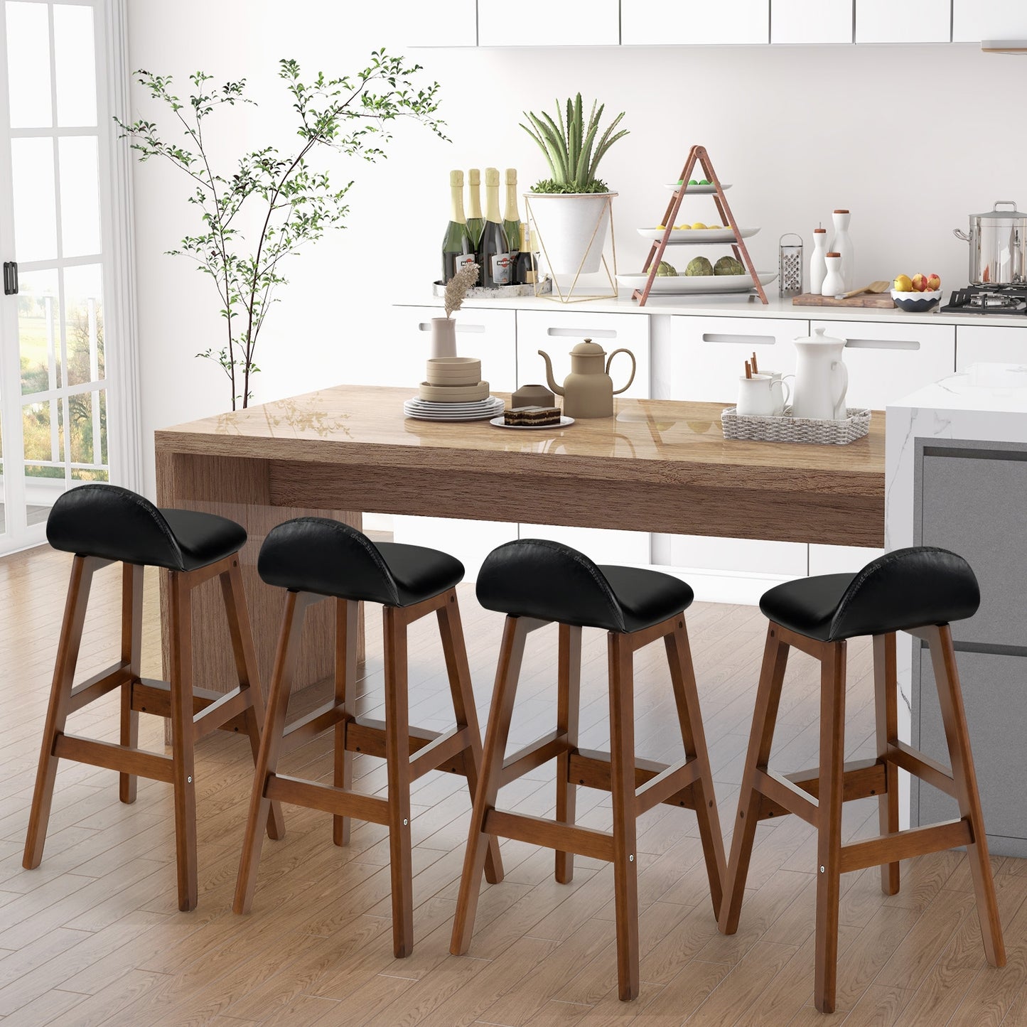 2 Pieces PU Leather Upholstered Bar Stools with Back Cushions and Solid Wood Legs, 27.5 Inch