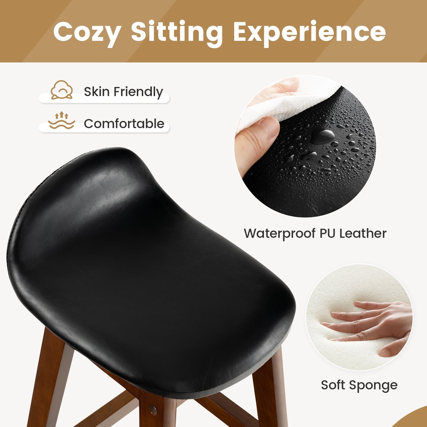 2 Pieces PU Leather Upholstered Bar Stools with Back Cushions and Solid Wood Legs, 27.5 Inch