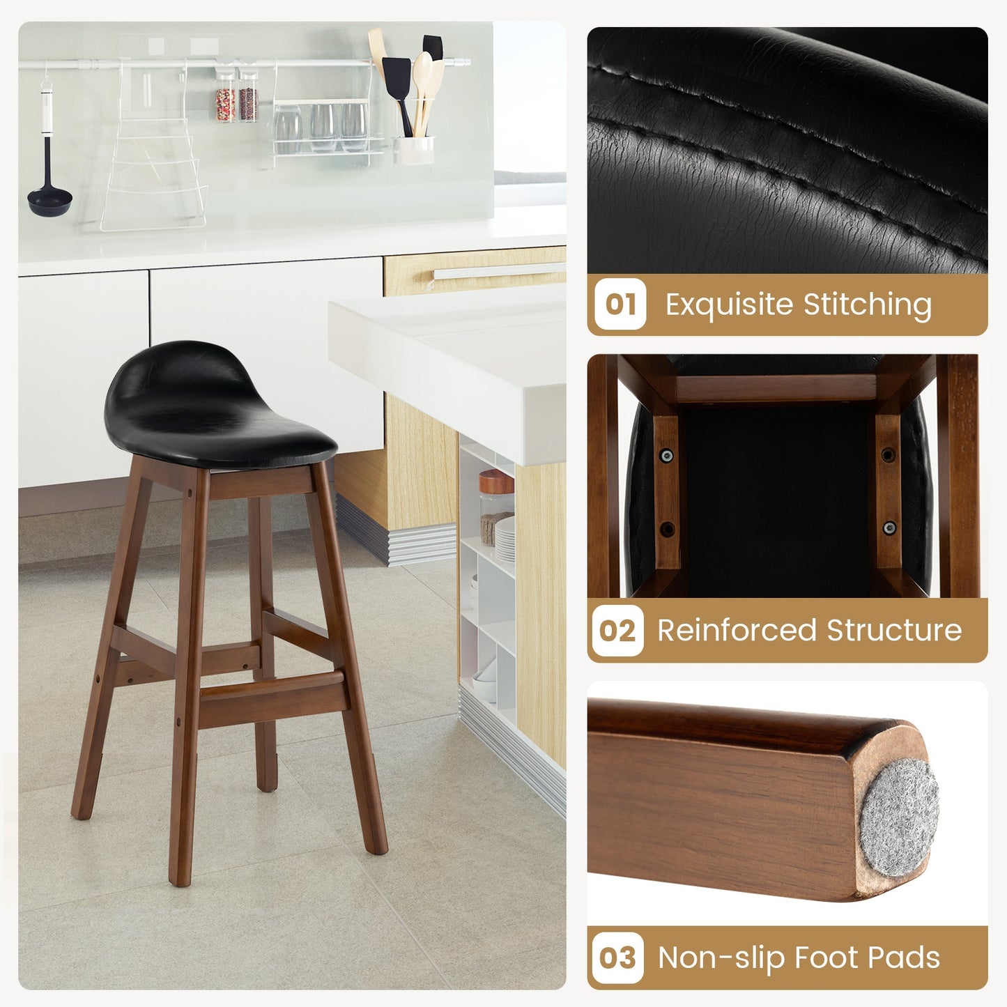 2 Pieces PU Leather Upholstered Bar Stools with Back Cushions and Solid Wood Legs, 27.5 Inch