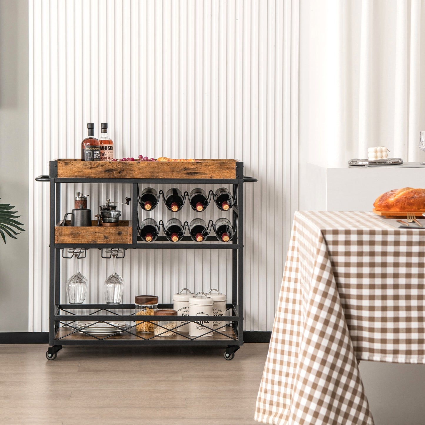 3 Tier Bar Cart with Removable Tray Wine Rack and Glass Holder on Wheels