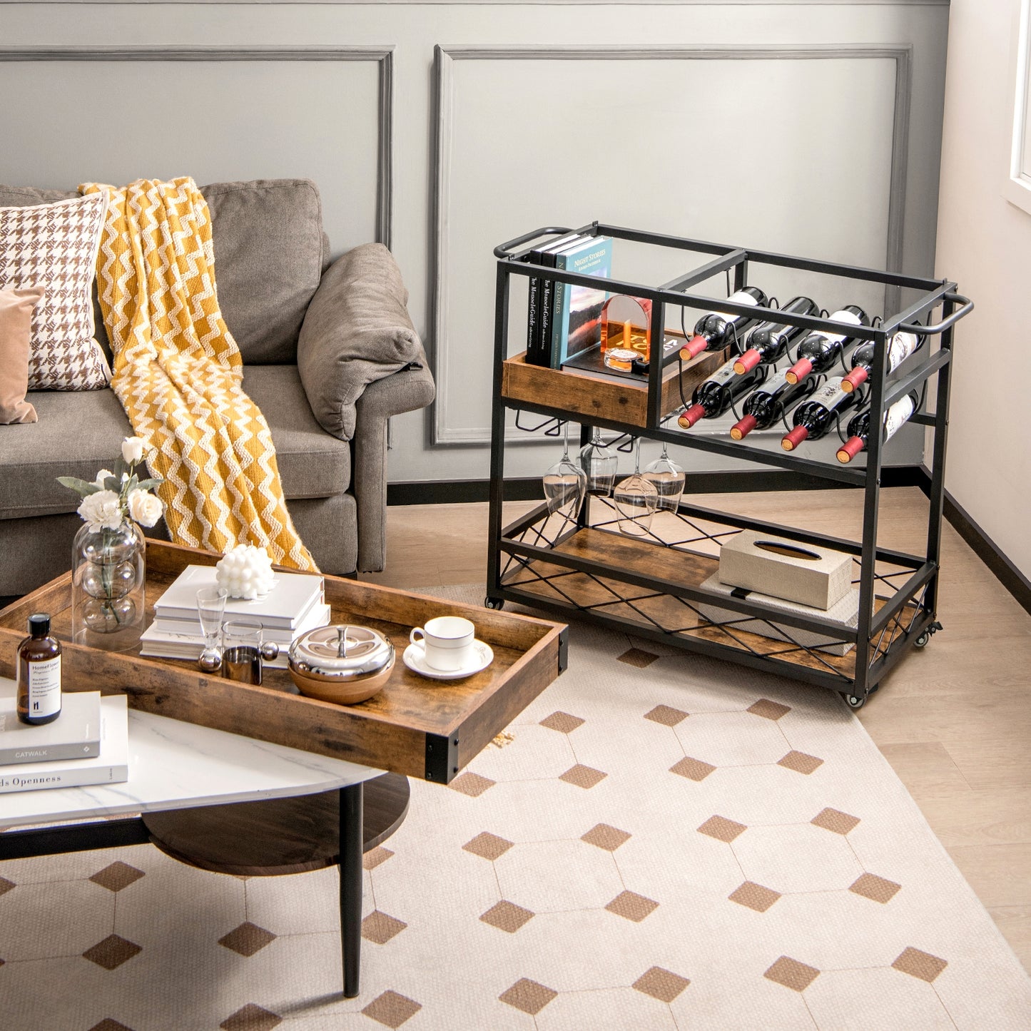 3 Tier Bar Cart with Removable Tray Wine Rack and Glass Holder on Wheels