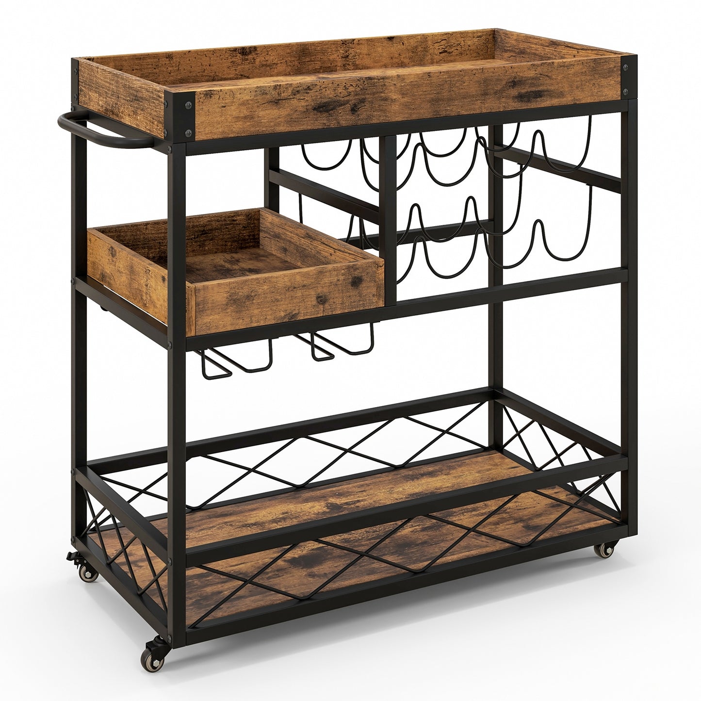 3 Tier Bar Cart with Removable Tray Wine Rack and Glass Holder on Wheels