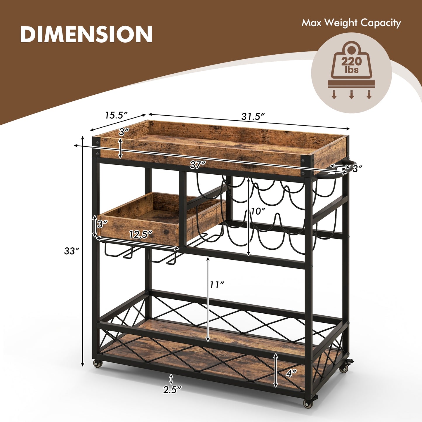 3 Tier Bar Cart with Removable Tray Wine Rack and Glass Holder on Wheels