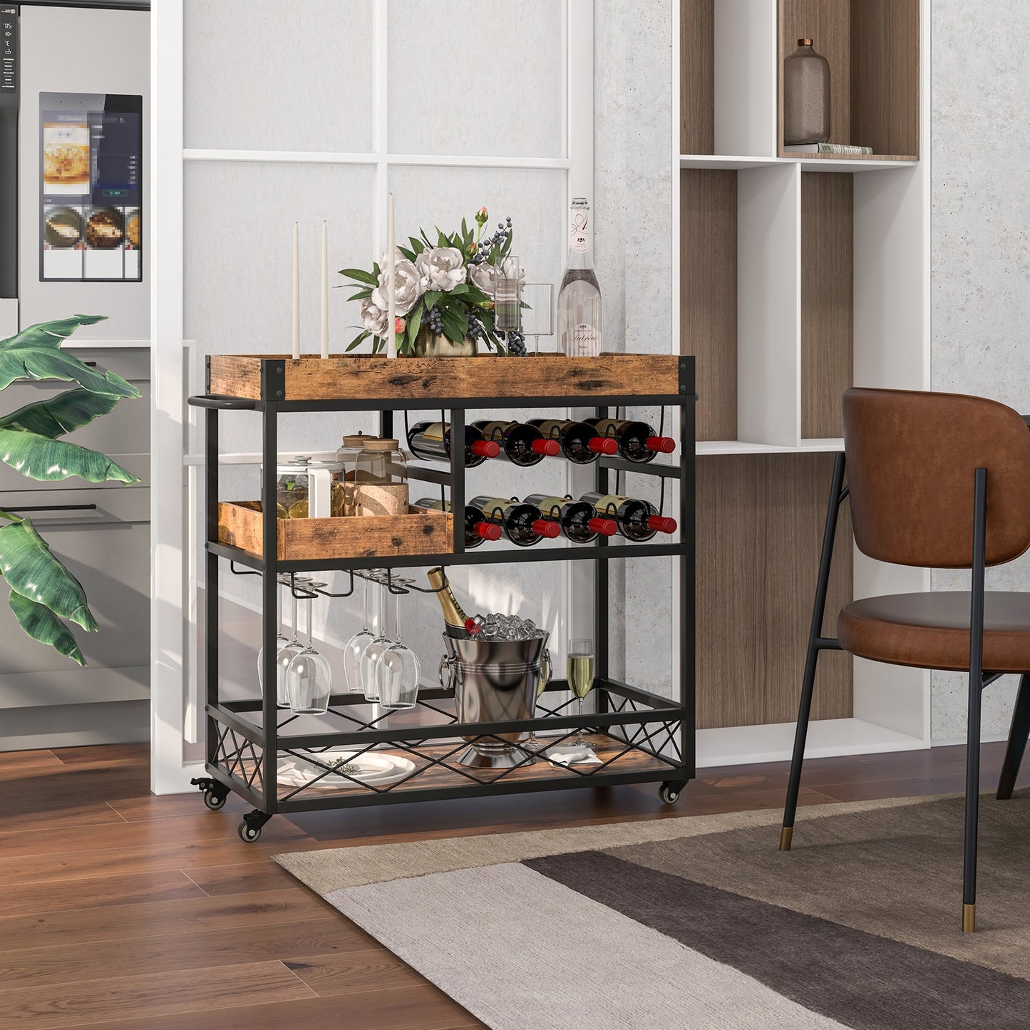 3 Tier Bar Cart with Removable Tray Wine Rack and Glass Holder on Wheels