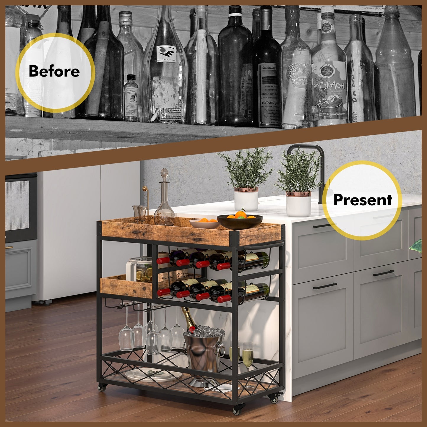 3 Tier Bar Cart with Removable Tray Wine Rack and Glass Holder on Wheels