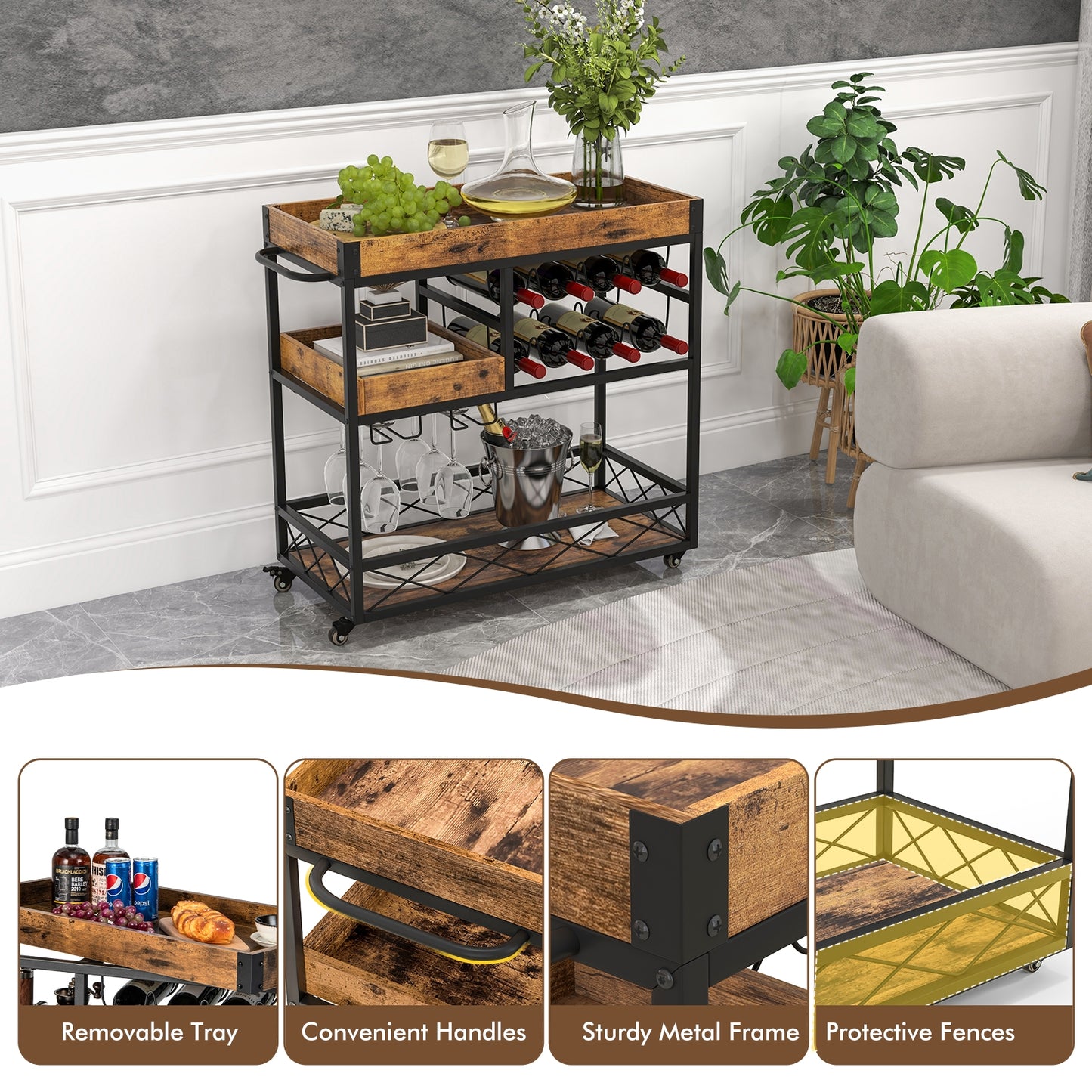 3 Tier Bar Cart with Removable Tray Wine Rack and Glass Holder on Wheels