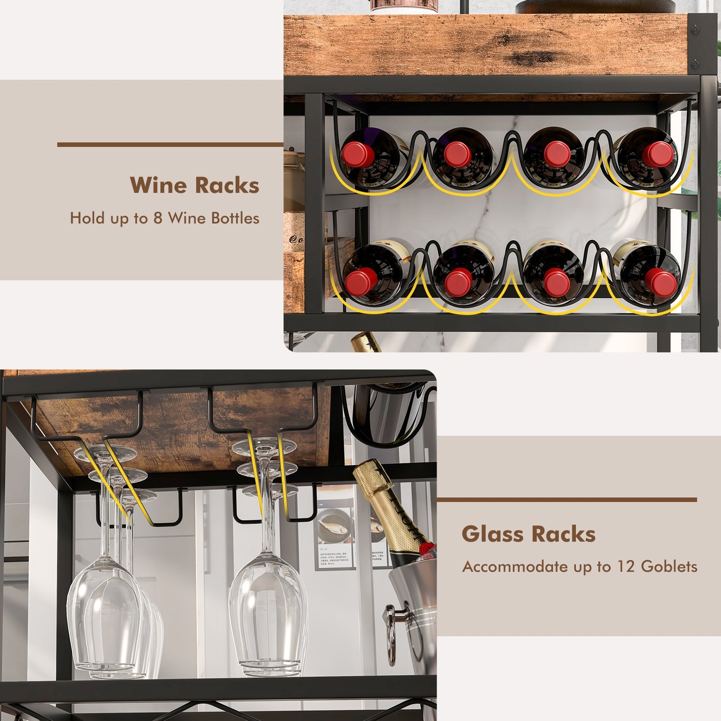 3 Tier Bar Cart with Removable Tray Wine Rack and Glass Holder on Wheels