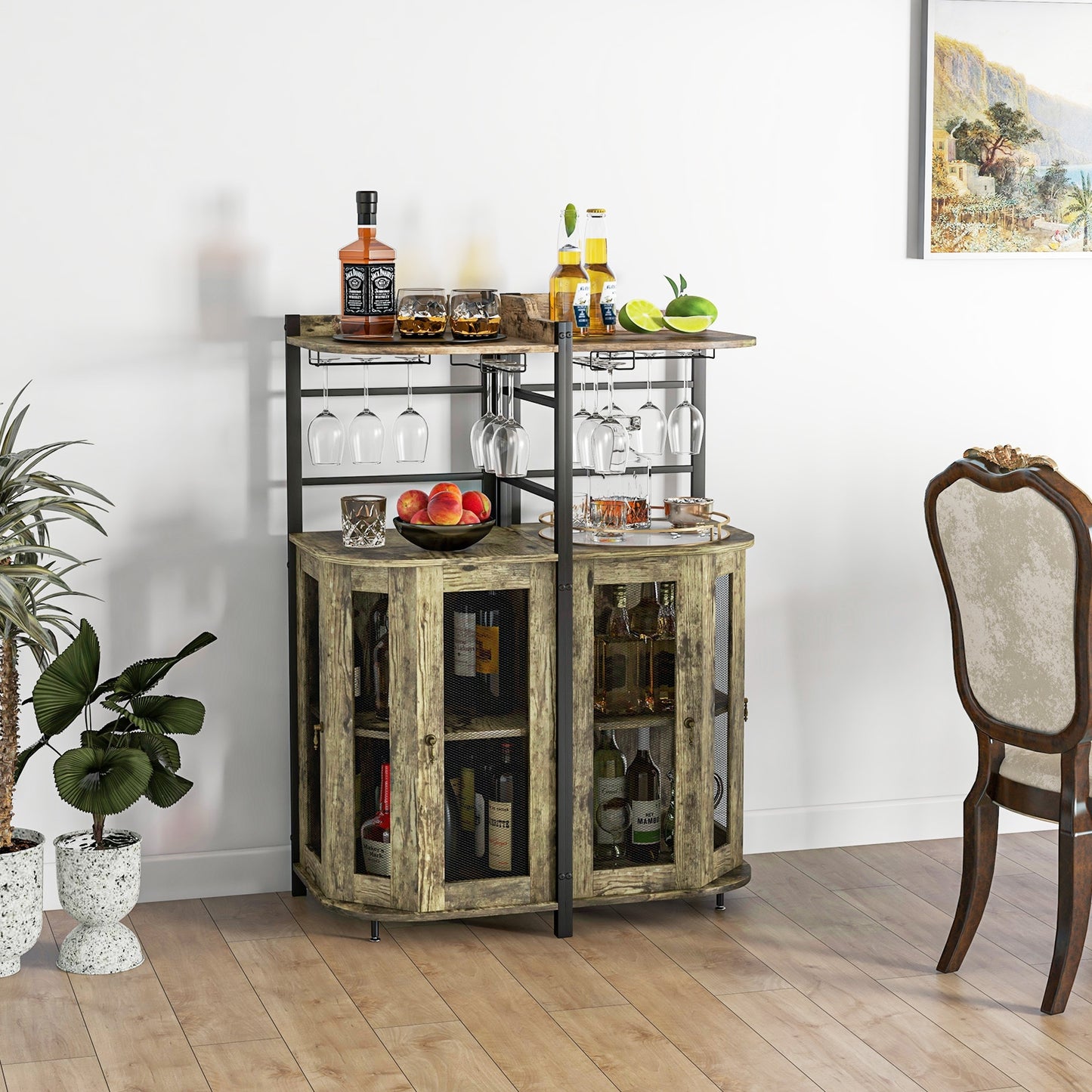 Freestanding Corner Bar Cabinet with Wine Glass Rack and Adjustable Storage Shelf - Taupe