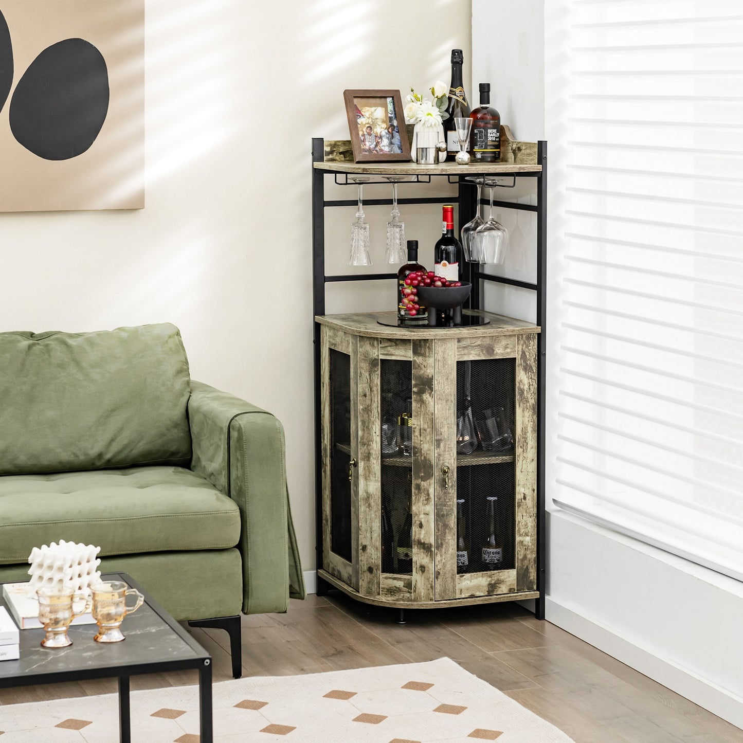 Freestanding Corner Bar Cabinet with Wine Glass Rack and Adjustable Storage Shelf - Taupe
