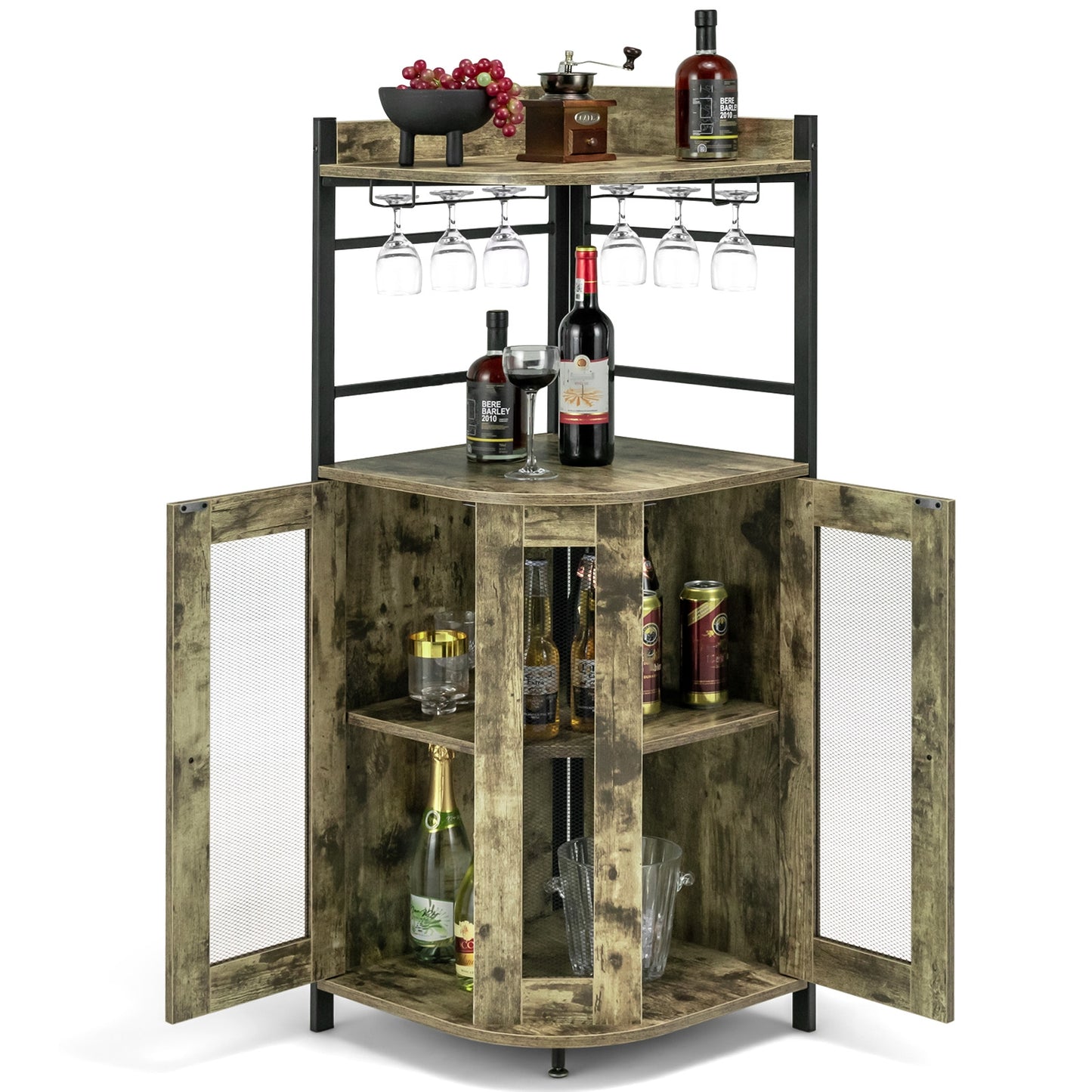Freestanding Corner Bar Cabinet with Wine Glass Rack and Adjustable Storage Shelf - Taupe