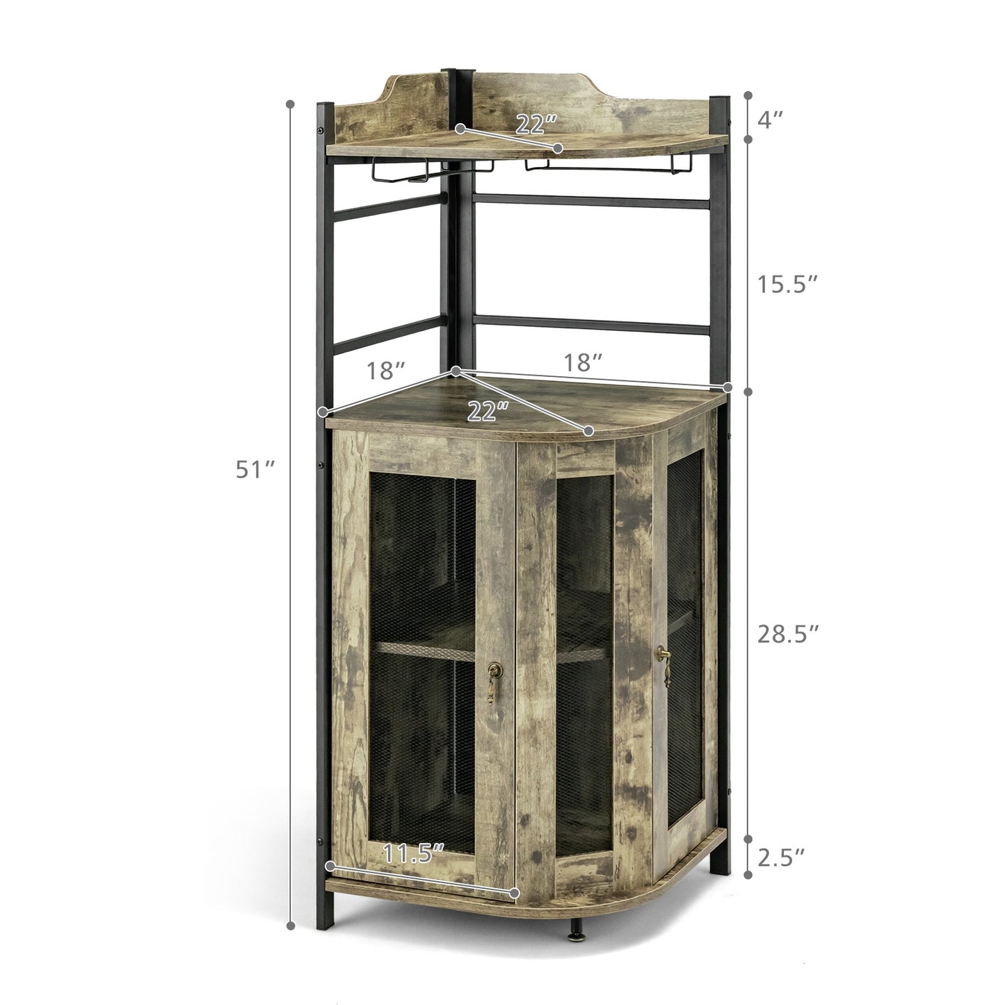 Freestanding Corner Bar Cabinet with Wine Glass Rack and Adjustable Storage Shelf - Taupe