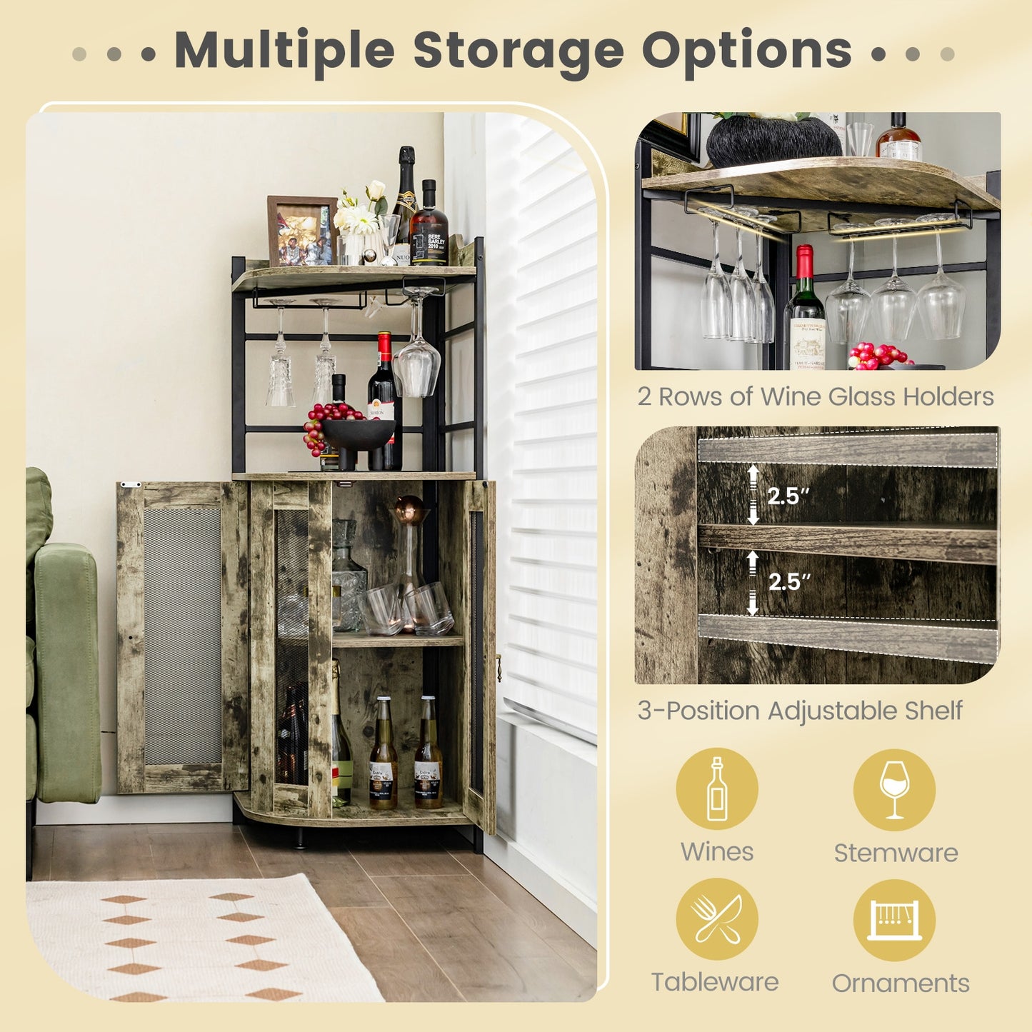Freestanding Corner Bar Cabinet with Wine Glass Rack and Adjustable Storage Shelf - Taupe