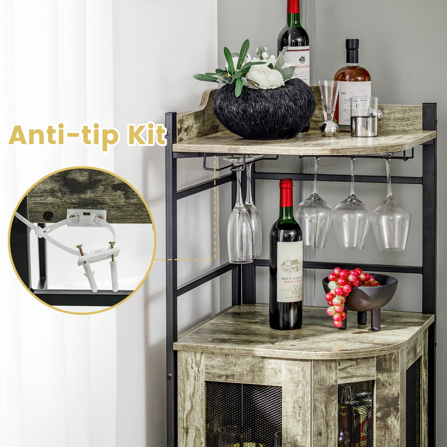 Freestanding Corner Bar Cabinet with Wine Glass Rack and Adjustable Storage Shelf - Taupe