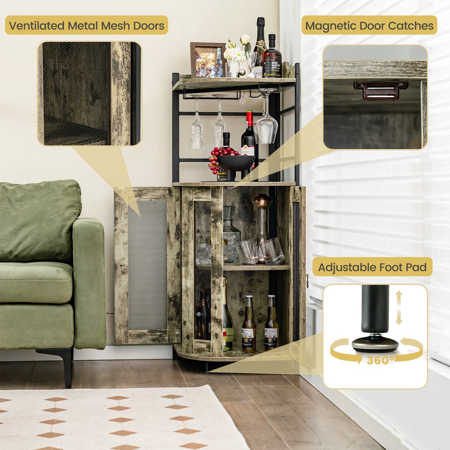 Freestanding Corner Bar Cabinet with Wine Glass Rack and Adjustable Storage Shelf - Taupe