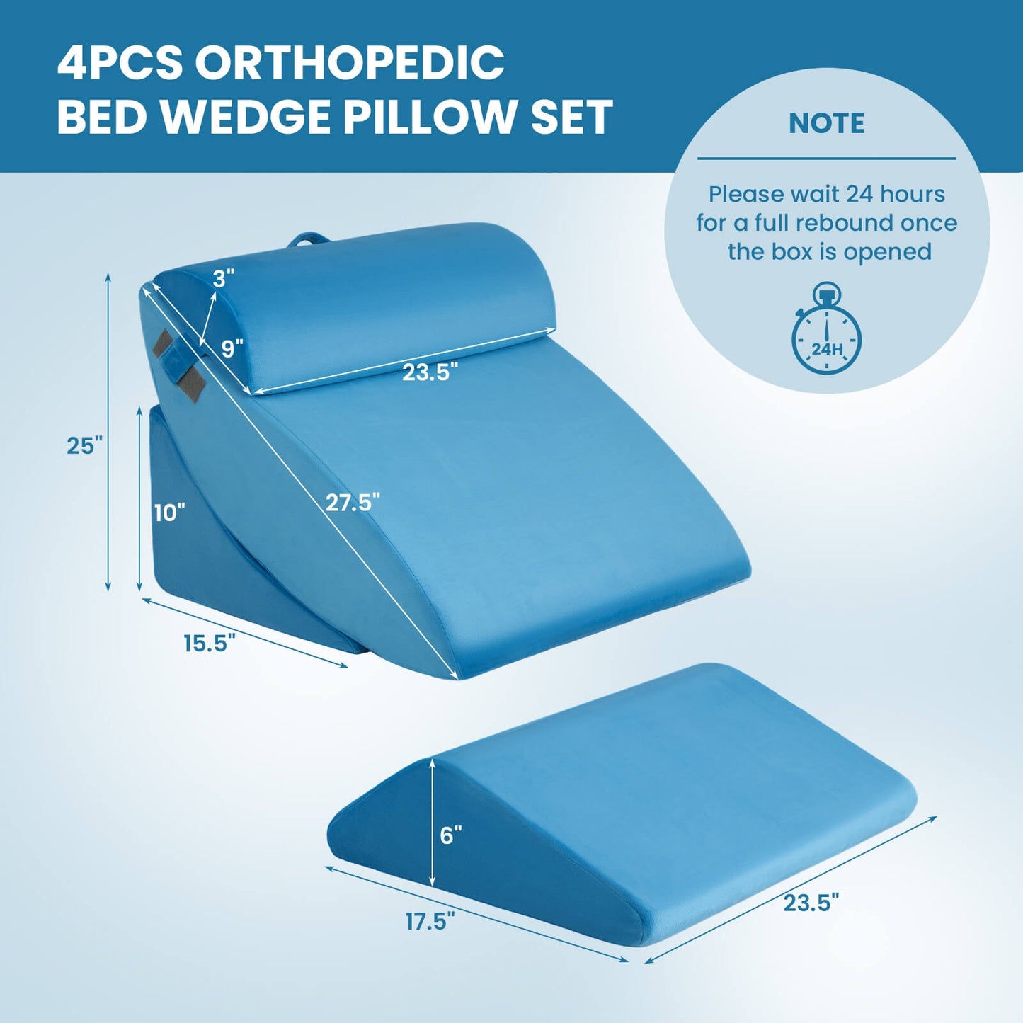 4 Piece Ergonomic Orthopedic Bed Wedge Pillow Set for Neck, Back, and Leg Pain Relief