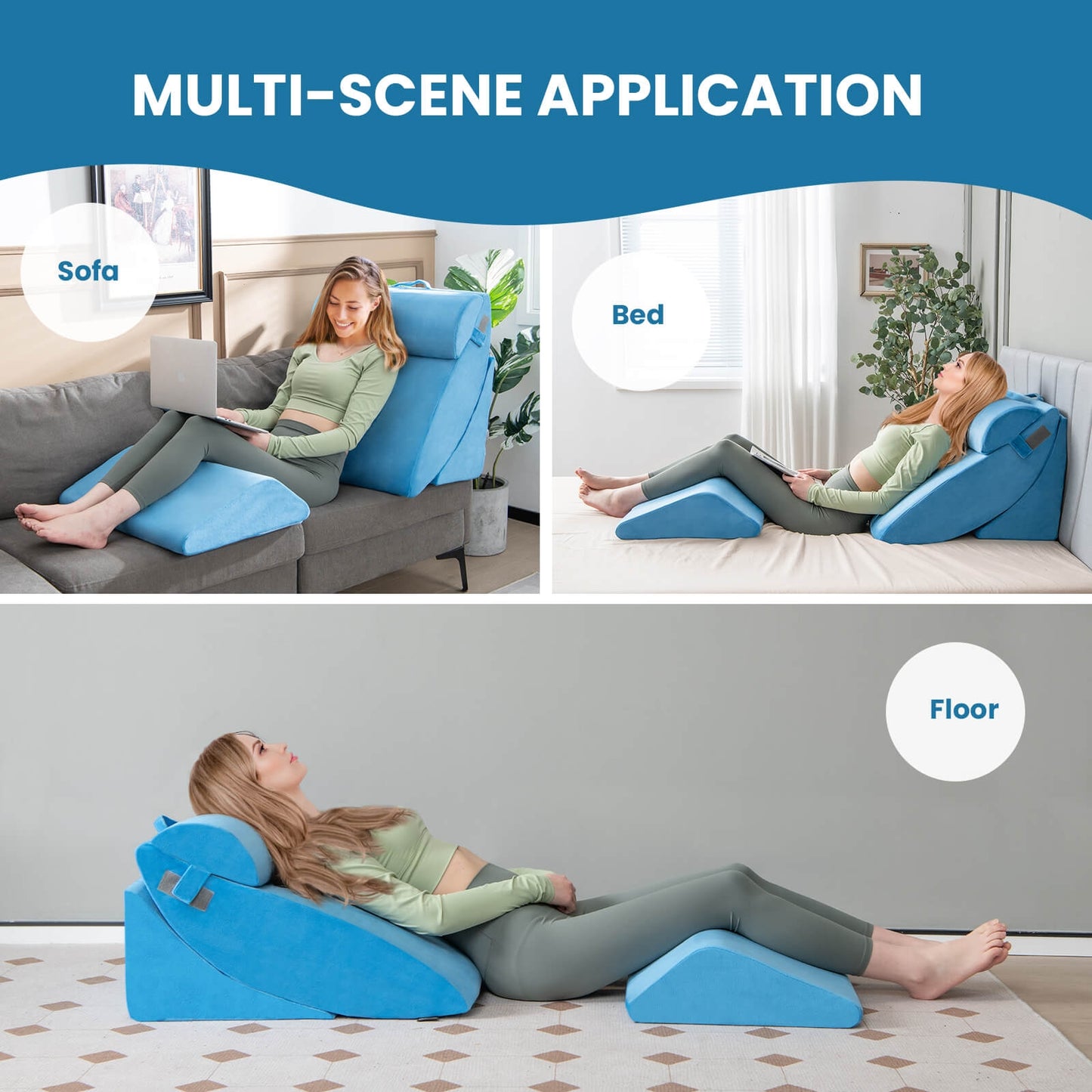 4 Piece Ergonomic Orthopedic Bed Wedge Pillow Set for Neck, Back, and Leg Pain Relief