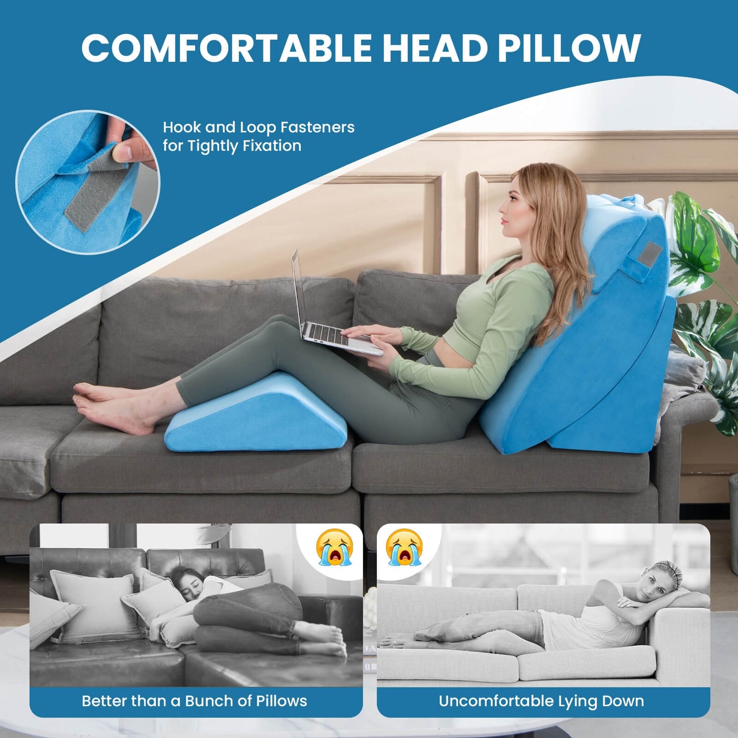4 Piece Ergonomic Orthopedic Bed Wedge Pillow Set for Neck, Back, and Leg Pain Relief