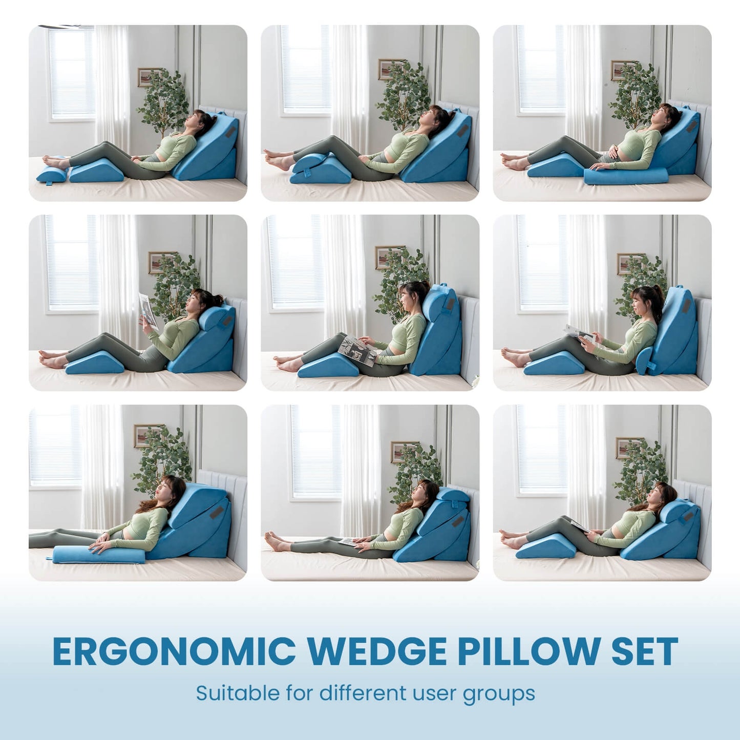 4 Piece Ergonomic Orthopedic Bed Wedge Pillow Set for Neck, Back, and Leg Pain Relief