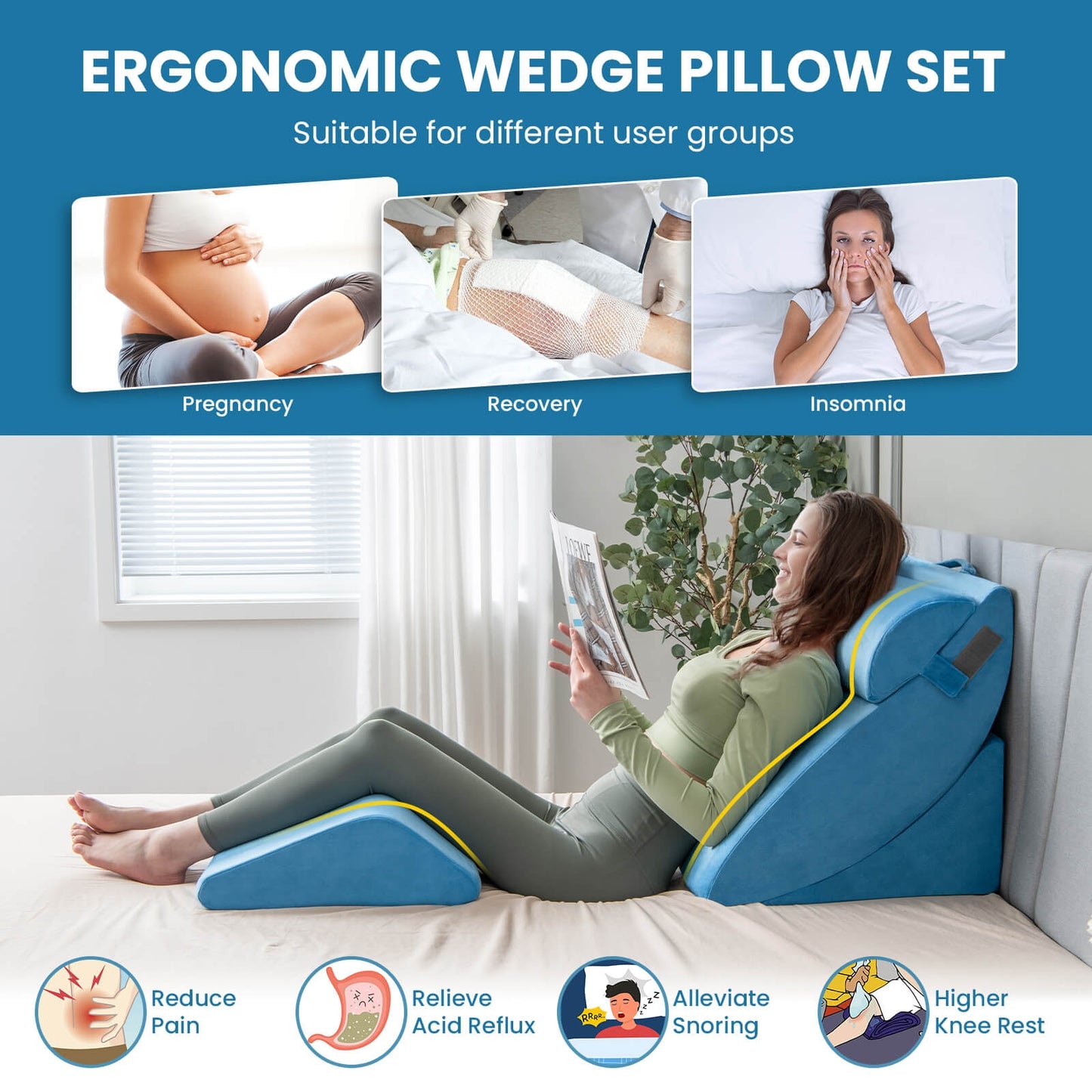 4 Piece Ergonomic Orthopedic Bed Wedge Pillow Set for Neck, Back, and Leg Pain Relief