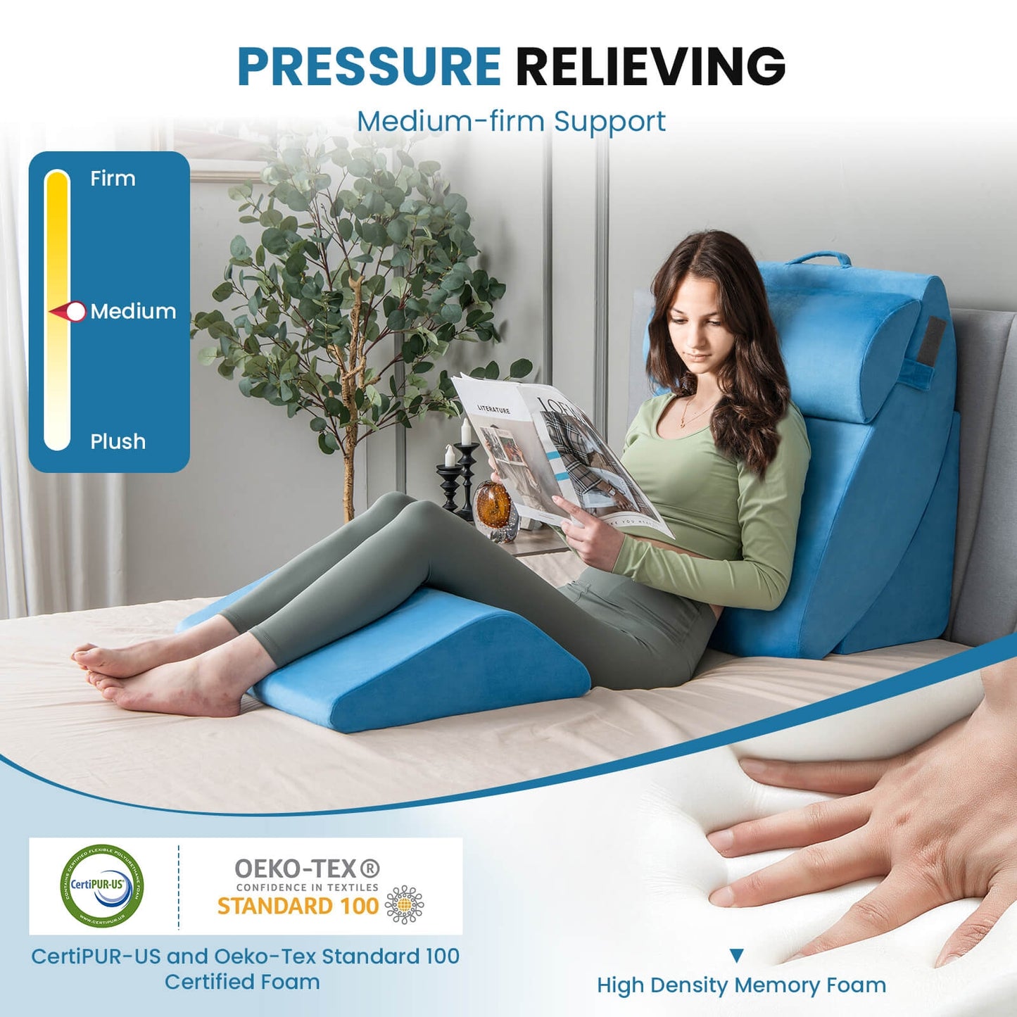 4 Piece Ergonomic Orthopedic Bed Wedge Pillow Set for Neck, Back, and Leg Pain Relief