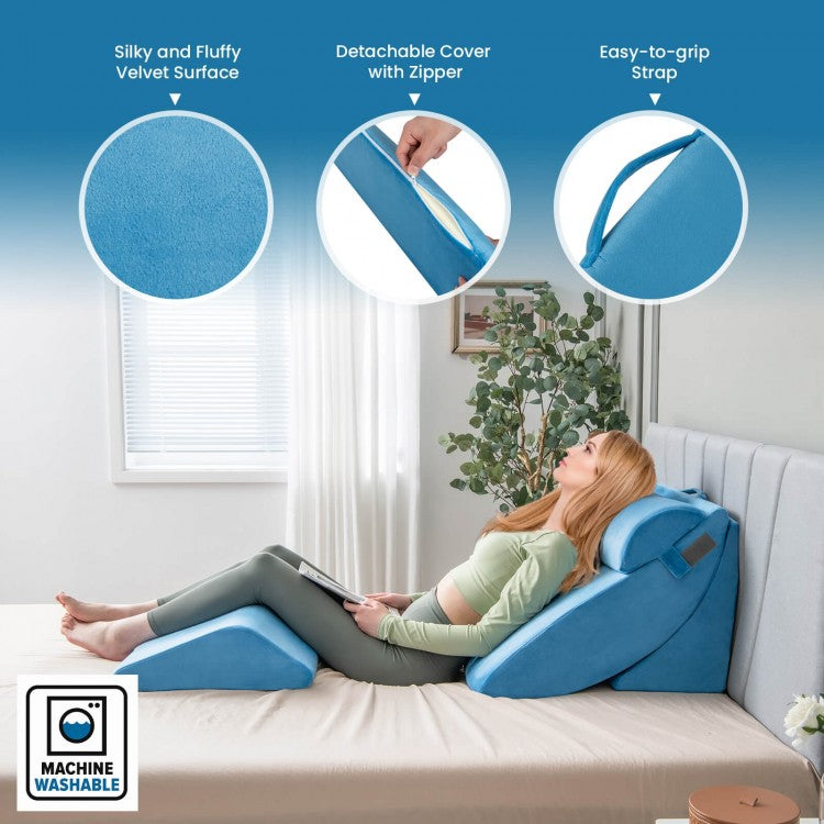 4 Piece Ergonomic Orthopedic Bed Wedge Pillow Set for Neck, Back, and Leg Pain Relief
