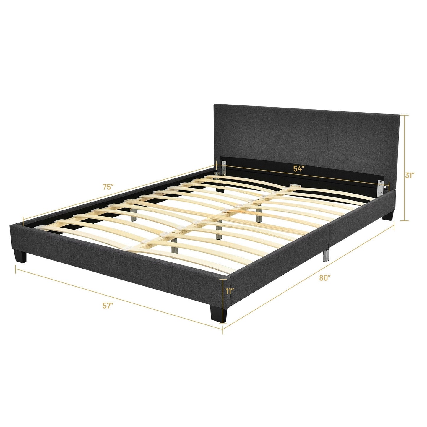 Full Size Grey Upholstered Platform Bed Frame with Ergonomic Headboard and Wooden Slats