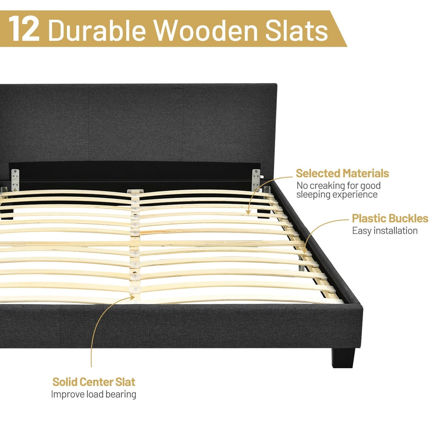 Full Size Grey Upholstered Platform Bed Frame with Ergonomic Headboard and Wooden Slats