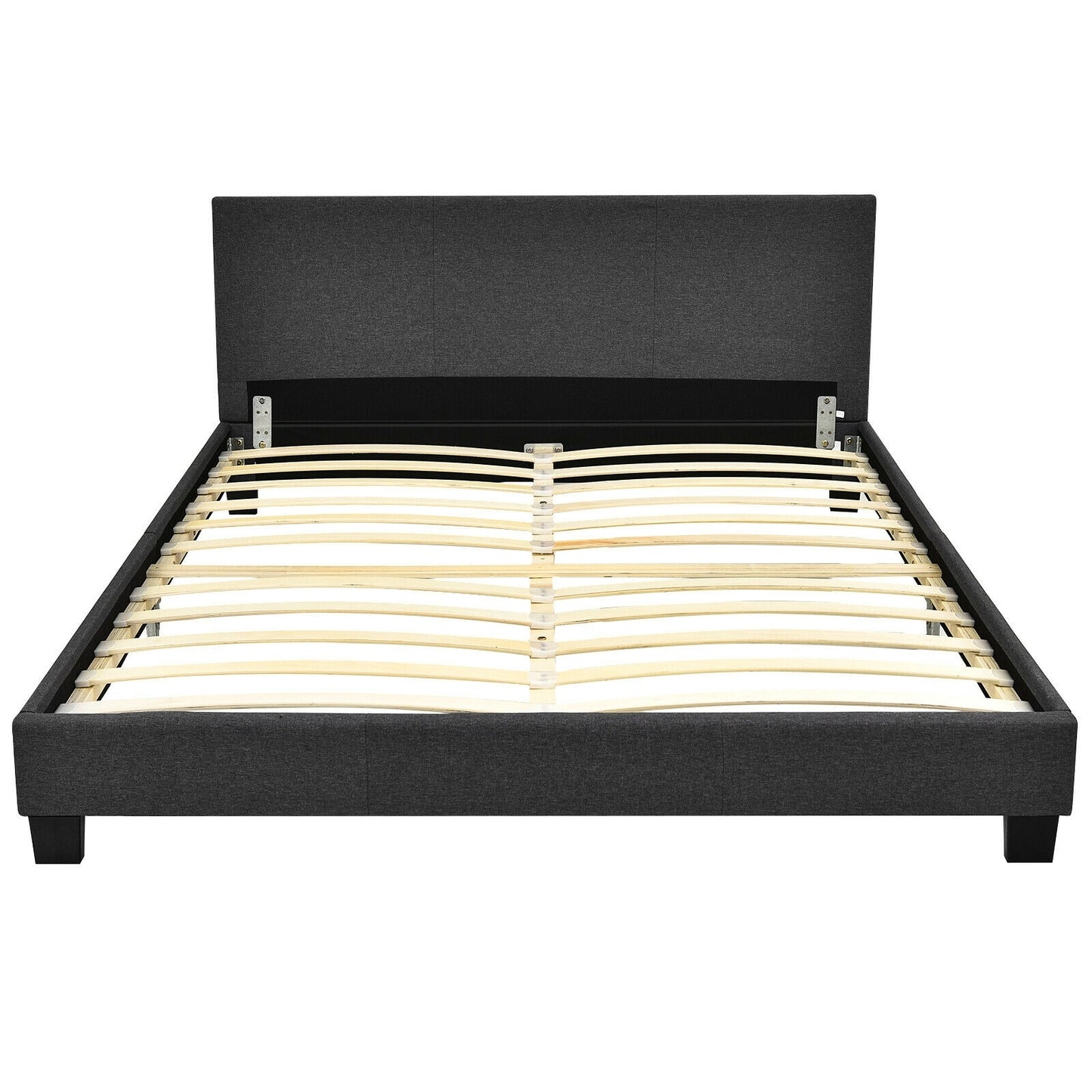 Full Size Grey Upholstered Platform Bed Frame with Ergonomic Headboard and Wooden Slats