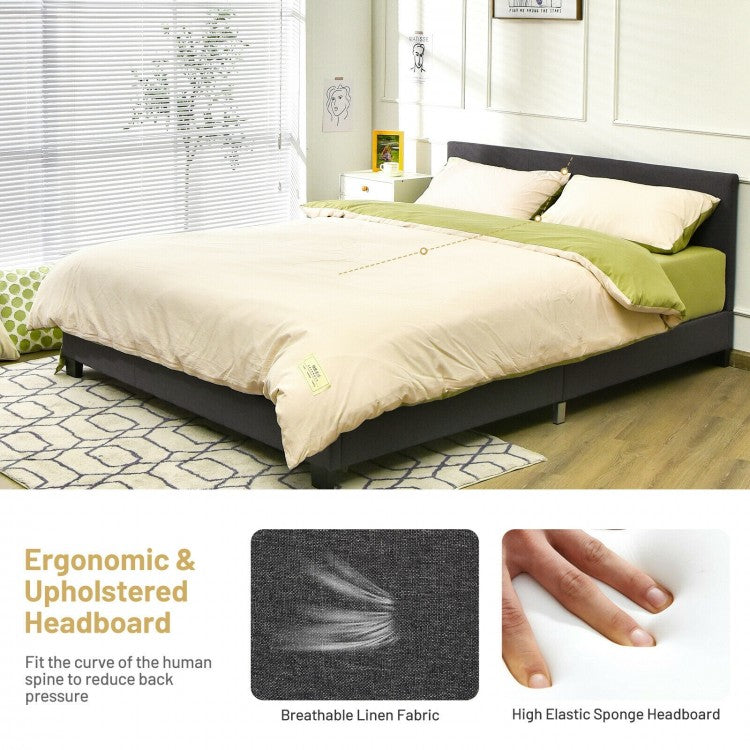 Full Size Grey Upholstered Platform Bed Frame with Ergonomic Headboard and Wooden Slats