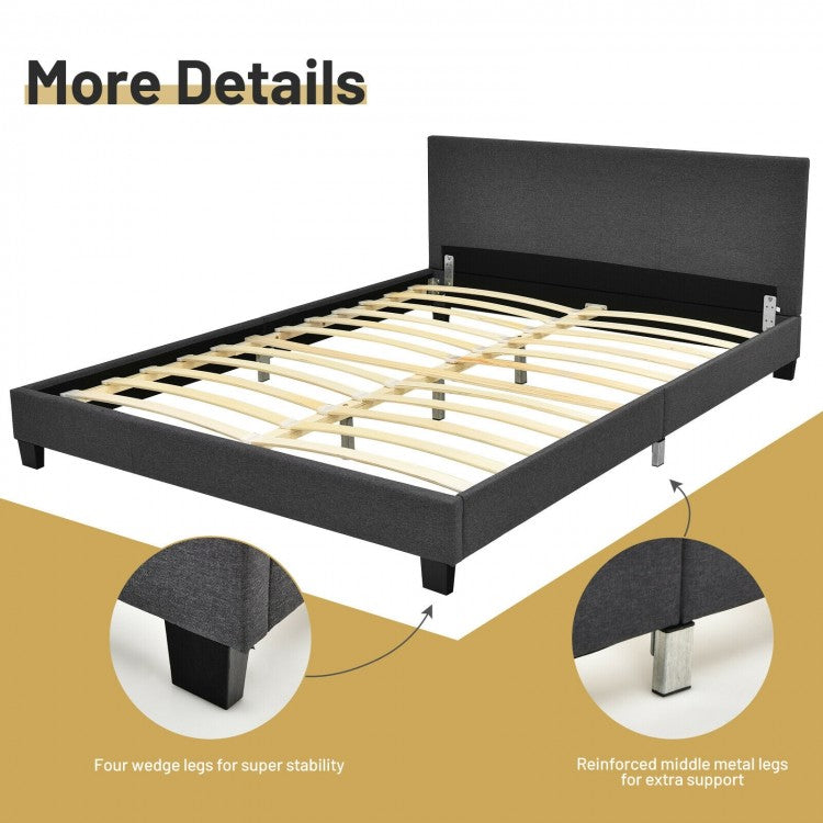Full Size Grey Upholstered Platform Bed Frame with Ergonomic Headboard and Wooden Slats