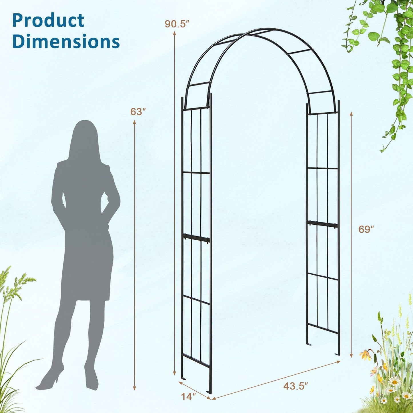 7.5 Feet Metal Garden Arch Trellis for Climbing Plants & Outdoor Decor