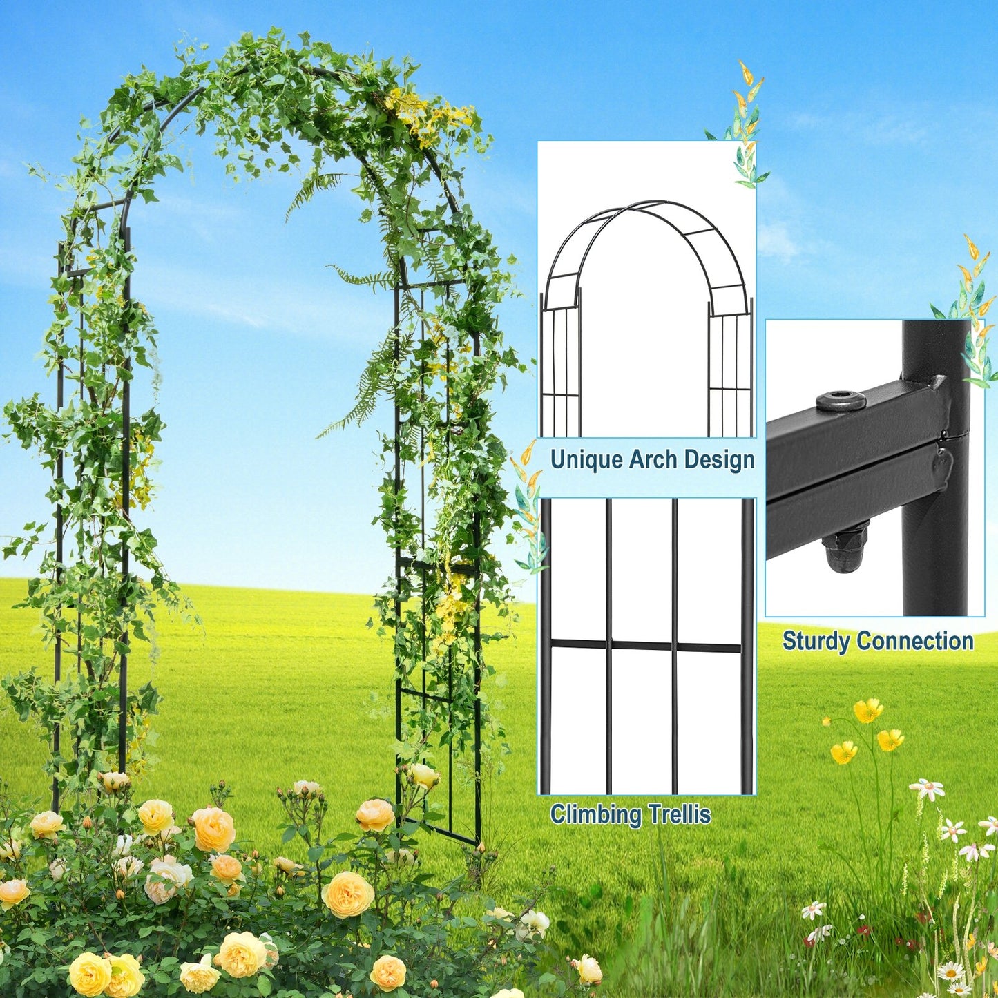 7.5 Feet Metal Garden Arch Trellis for Climbing Plants & Outdoor Decor