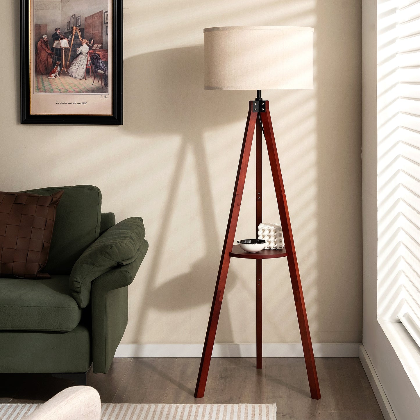 Modern Tripod Floor Lamp with Wood Base and Linen Shade, E26 Socket