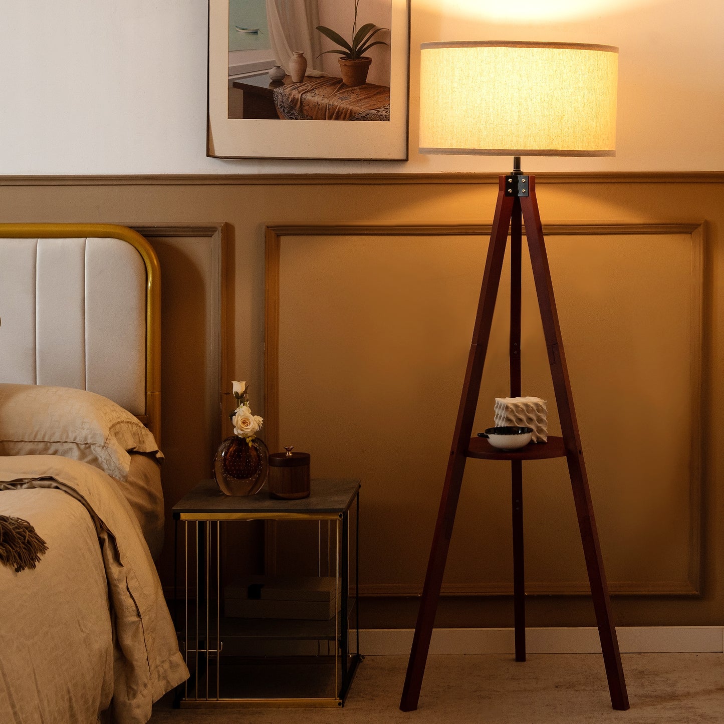 Modern Tripod Floor Lamp with Wood Base and Linen Shade, E26 Socket