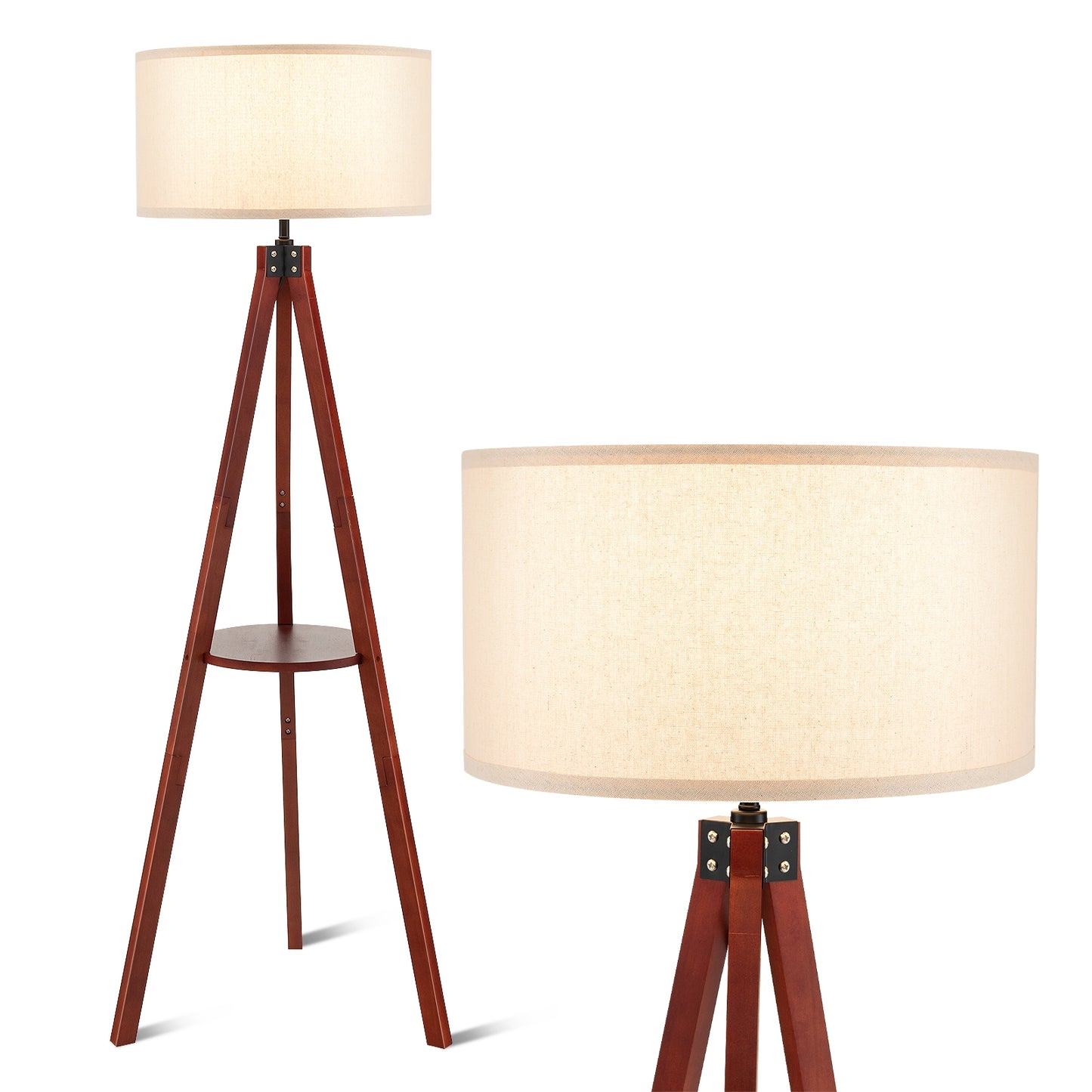 Modern Tripod Floor Lamp with Wood Base and Linen Shade, E26 Socket