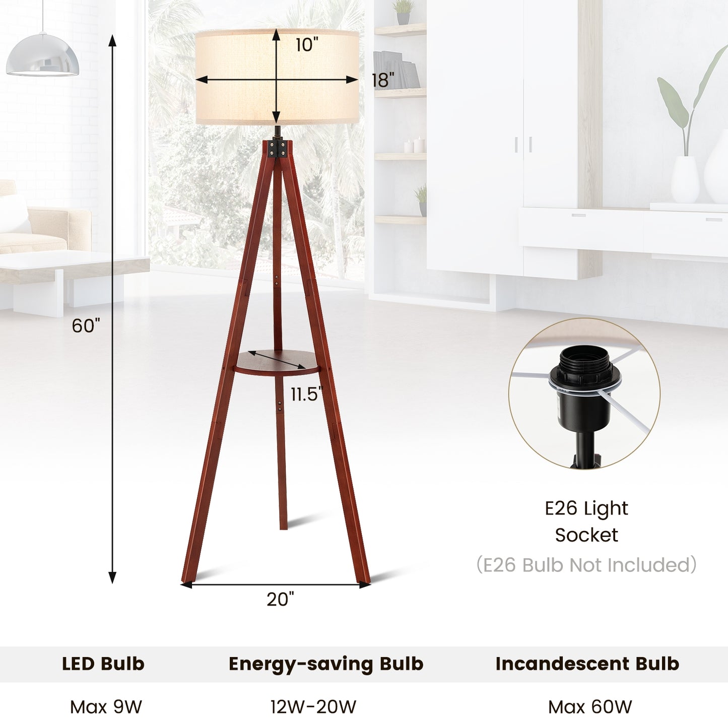 Modern Tripod Floor Lamp with Wood Base and Linen Shade, E26 Socket