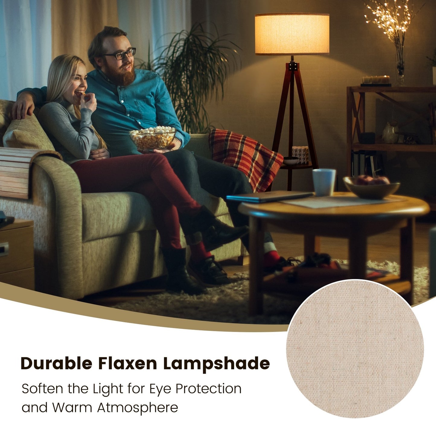 Modern Tripod Floor Lamp with Wood Base and Linen Shade, E26 Socket