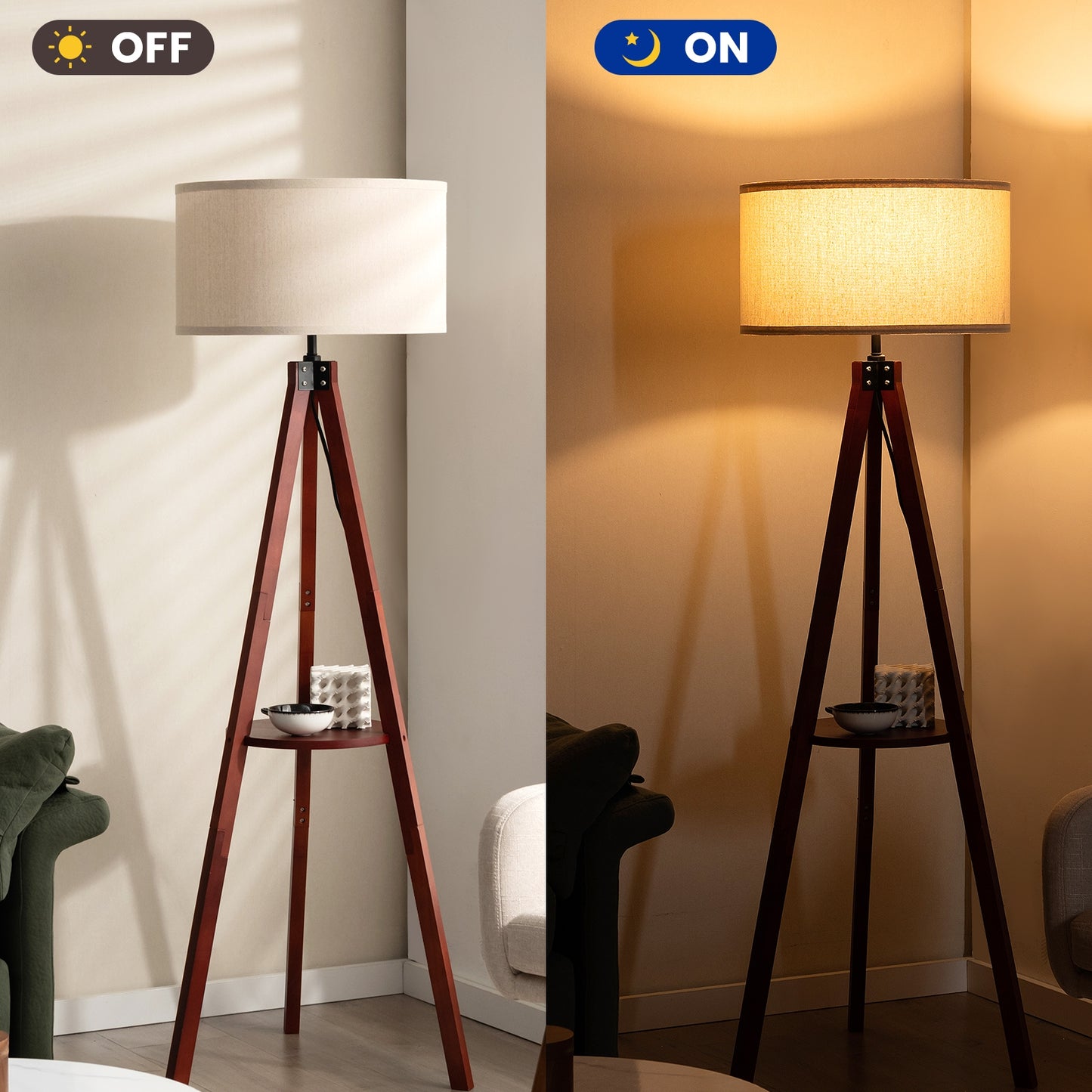 Modern Tripod Floor Lamp with Wood Base and Linen Shade, E26 Socket