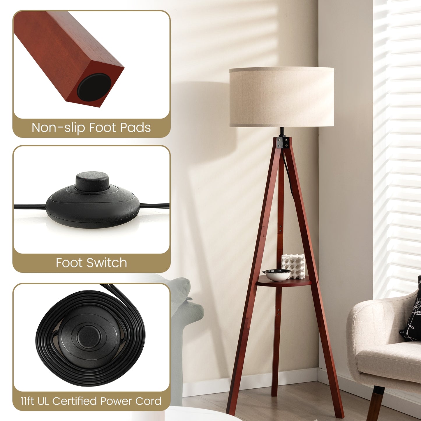 Modern Tripod Floor Lamp with Wood Base and Linen Shade, E26 Socket