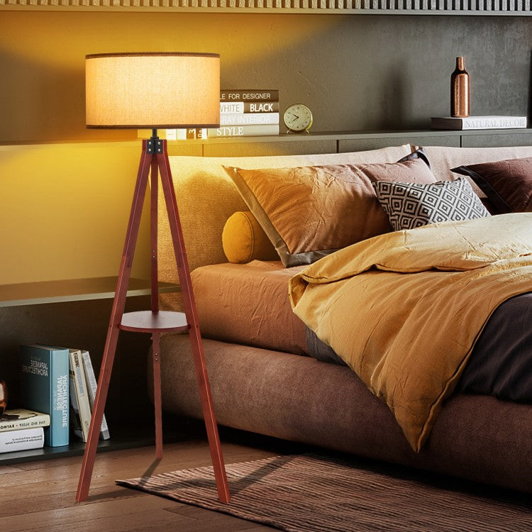 Modern Tripod Floor Lamp with Wood Base and Linen Shade, E26 Socket