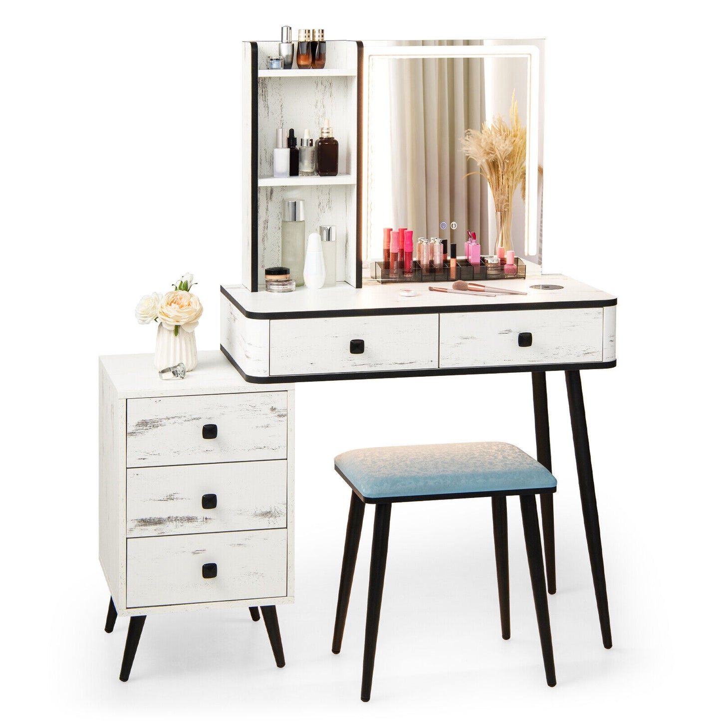Modern Vanity Makeup Table Set with LED Lighted Mirror, Storage Drawers, and Stool – White