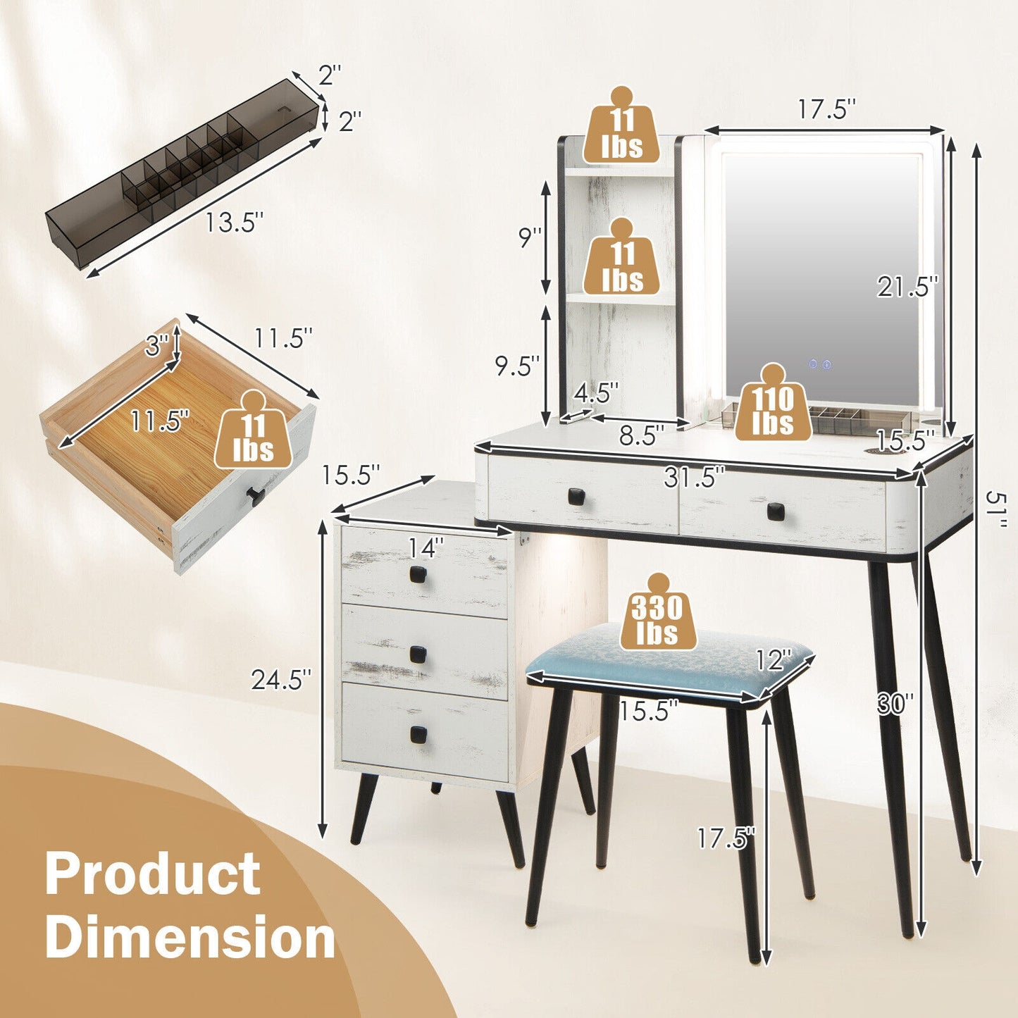 Modern Vanity Makeup Table Set with LED Lighted Mirror, Storage Drawers, and Stool – White