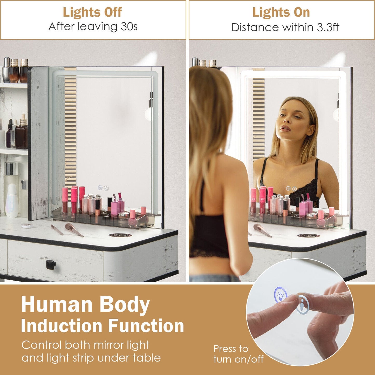 Modern Vanity Makeup Table Set with LED Lighted Mirror, Storage Drawers, and Stool – White