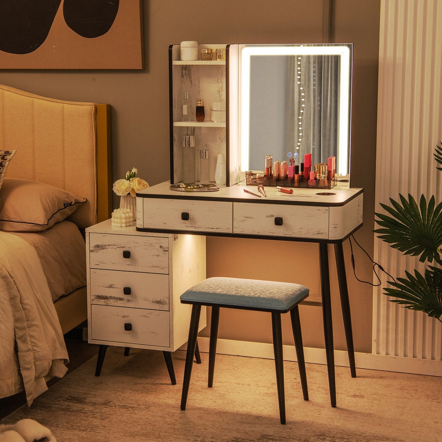 Modern Vanity Makeup Table Set with LED Lighted Mirror, Storage Drawers, and Stool – White