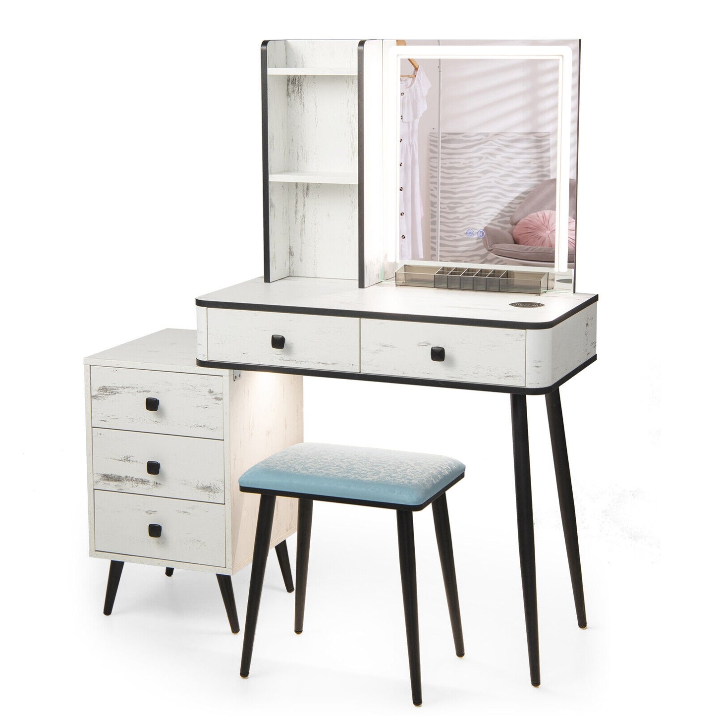 Modern Vanity Makeup Table Set with LED Lighted Mirror, Storage Drawers, and Stool – White