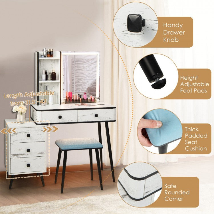 Modern Vanity Makeup Table Set with LED Lighted Mirror, Storage Drawers, and Stool – White