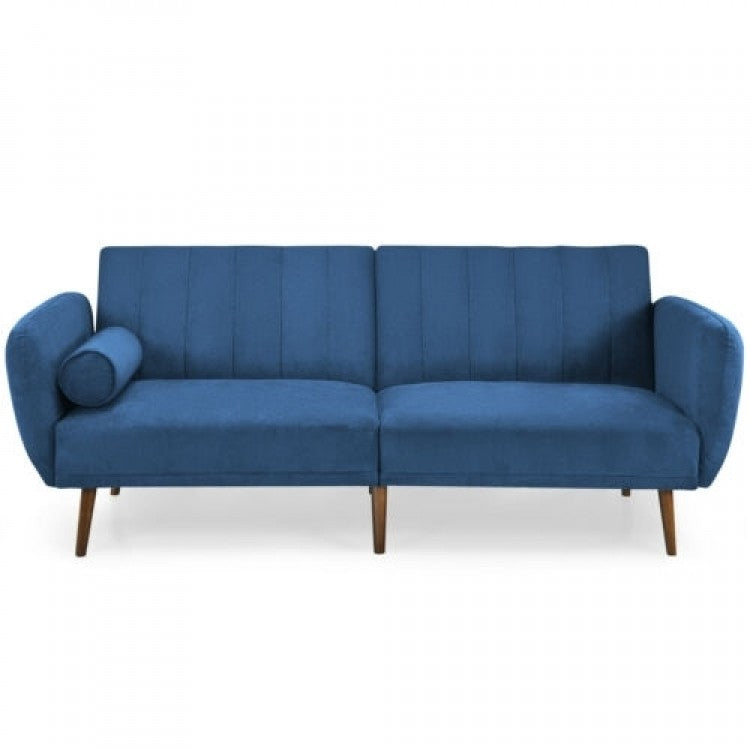 Convertible Futon Sofa Bed with Adjustable Backrest and Solid Wood Legs in Navy